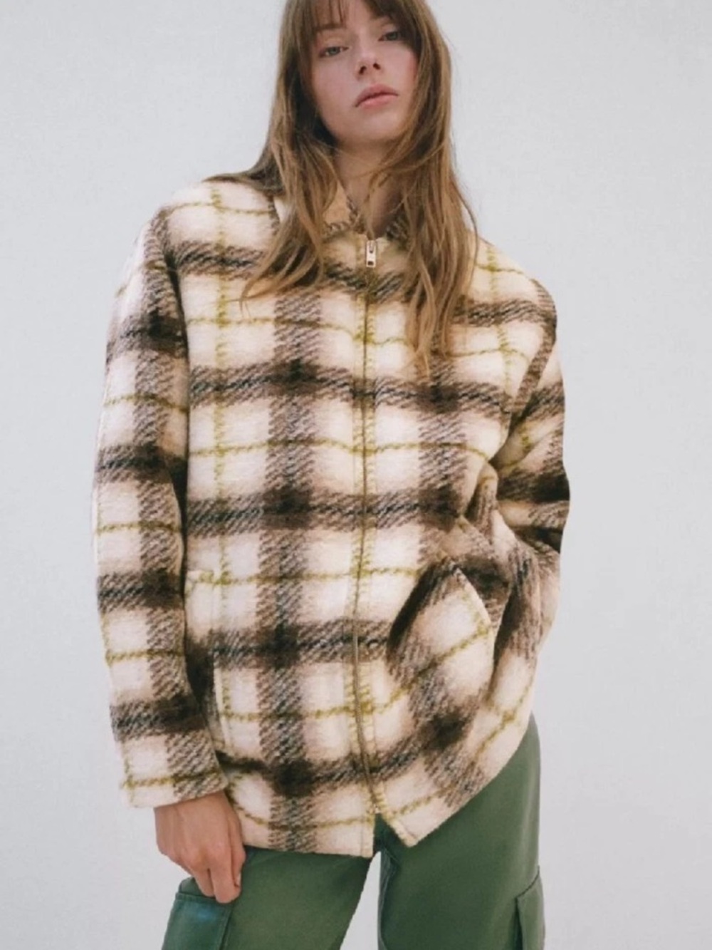 Aritzia Wilfred Lyon wool plaid shacket Women's Size 1 Small cream brown green